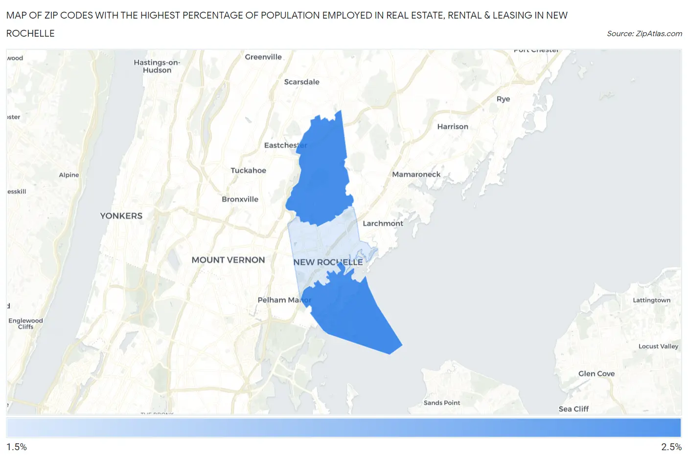 Zip Codes with the Highest Percentage of Population Employed in Real Estate, Rental & Leasing in New Rochelle Map