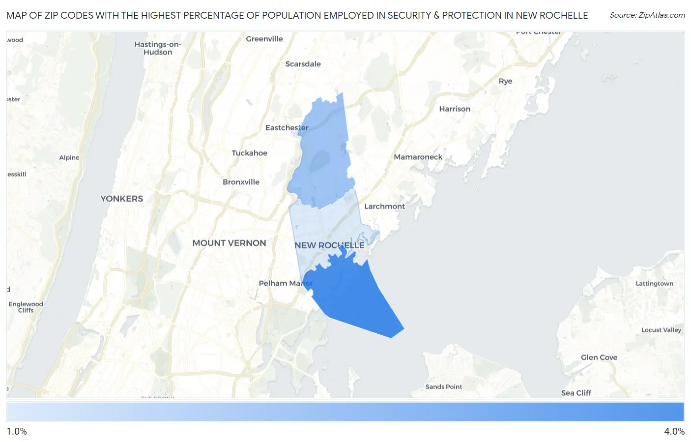 Zip Codes with the Highest Percentage of Population Employed in Security & Protection in New Rochelle Map