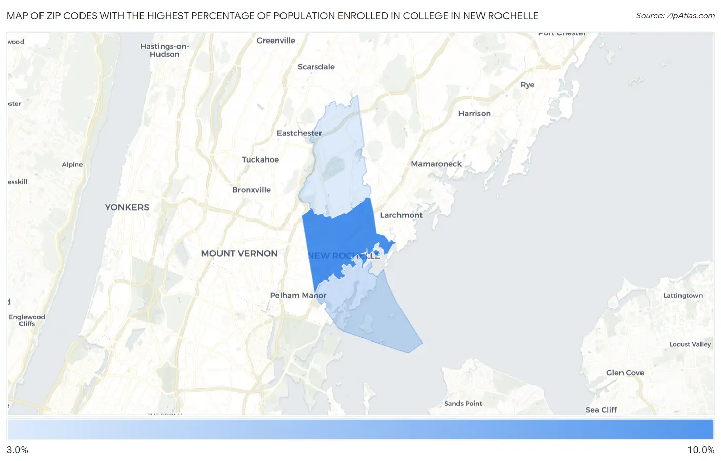 Zip Codes with the Highest Percentage of Population Enrolled in College in New Rochelle Map