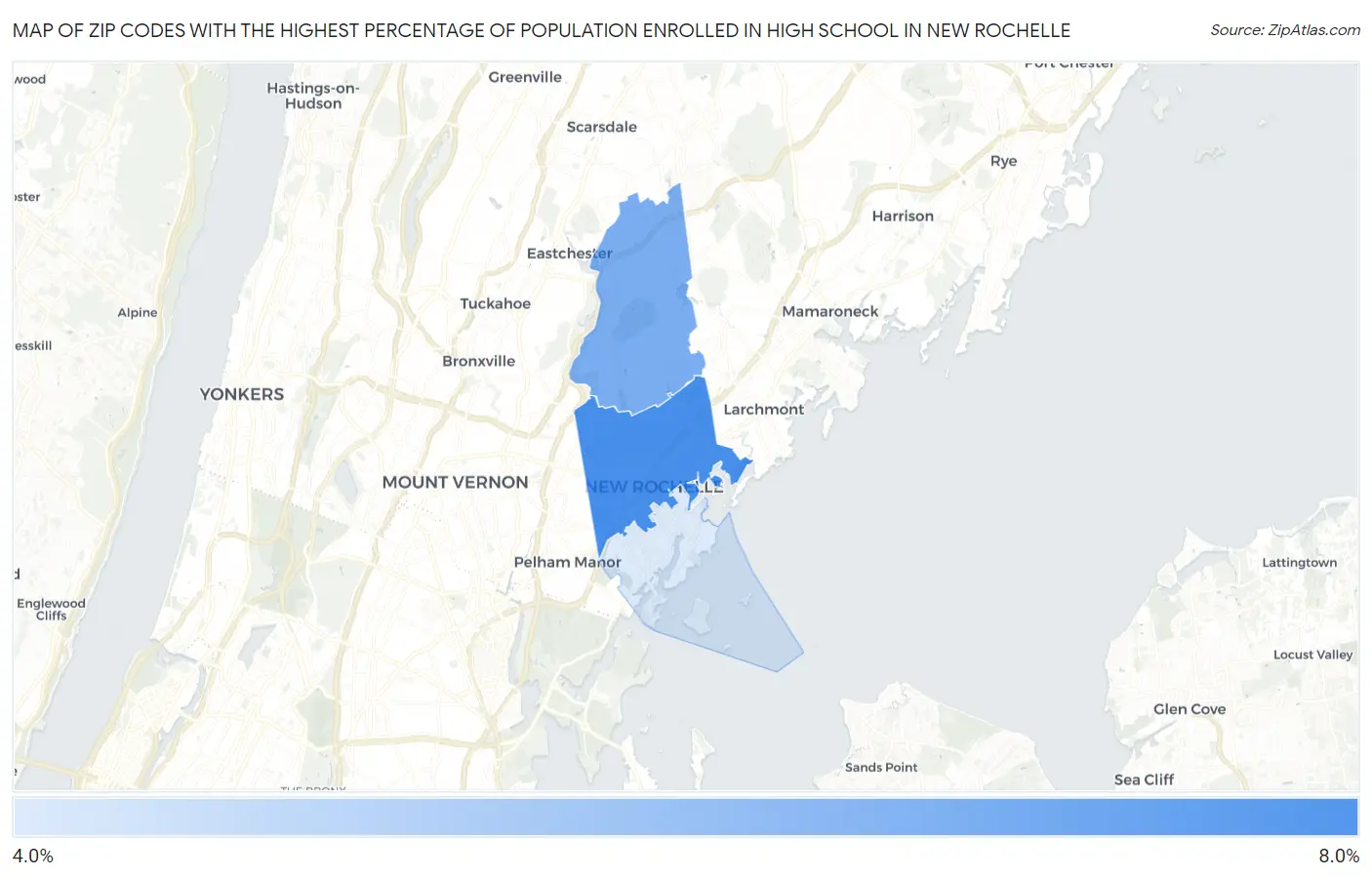 Zip Codes with the Highest Percentage of Population Enrolled in High School in New Rochelle Map