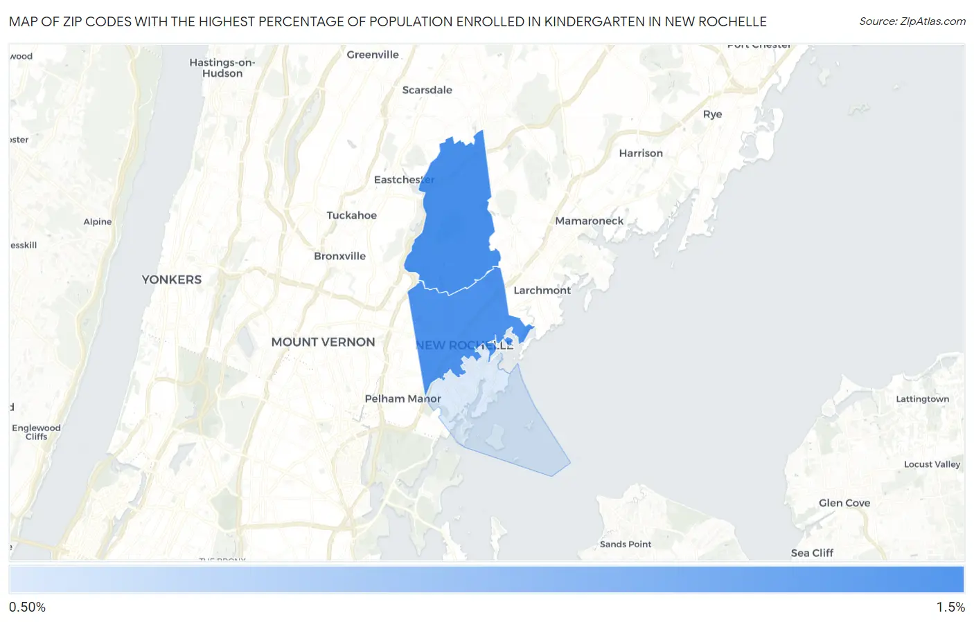 Zip Codes with the Highest Percentage of Population Enrolled in Kindergarten in New Rochelle Map