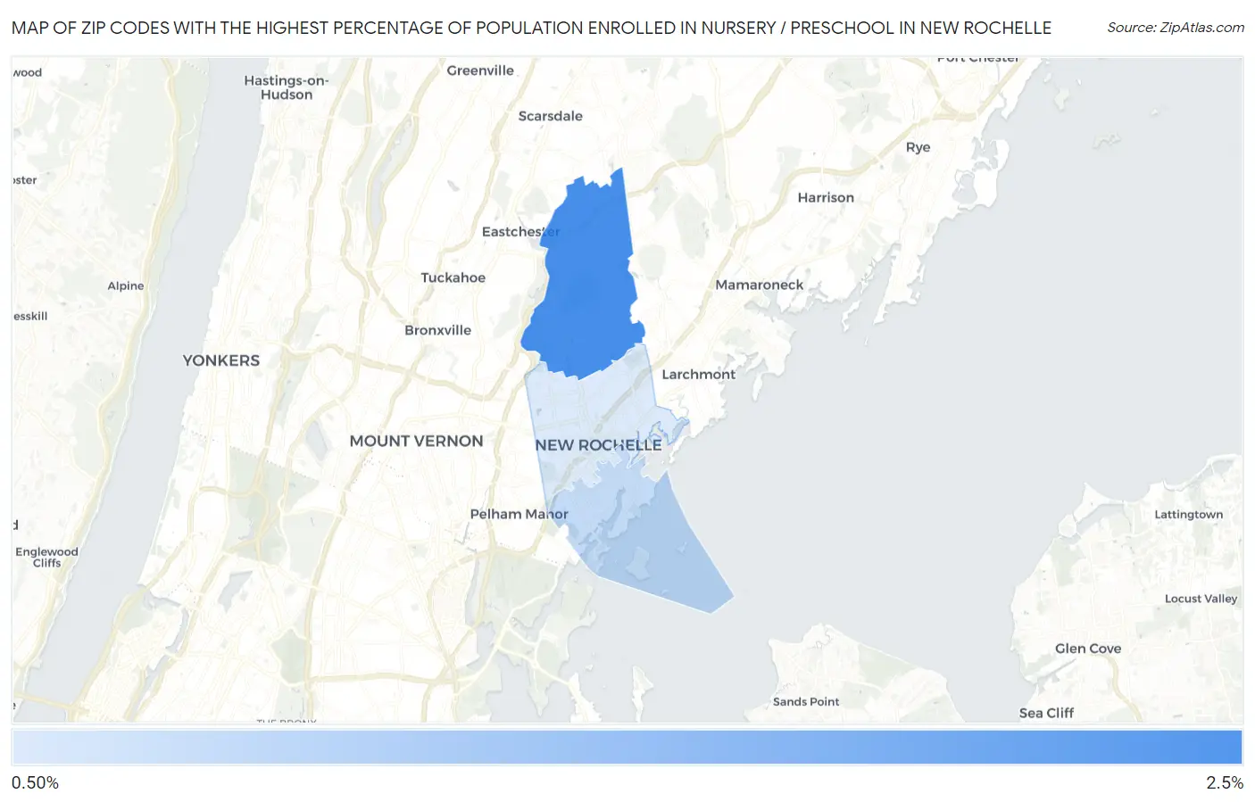 Zip Codes with the Highest Percentage of Population Enrolled in Nursery / Preschool in New Rochelle Map