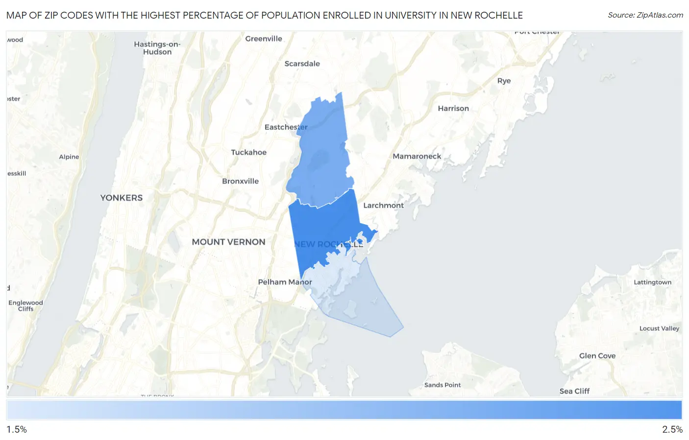 Zip Codes with the Highest Percentage of Population Enrolled in University in New Rochelle Map