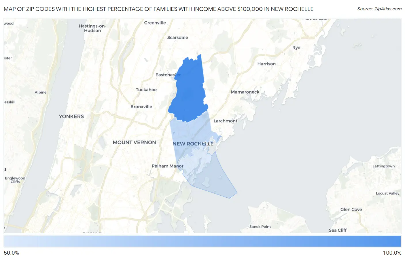 Zip Codes with the Highest Percentage of Families with Income Above $100,000 in New Rochelle Map