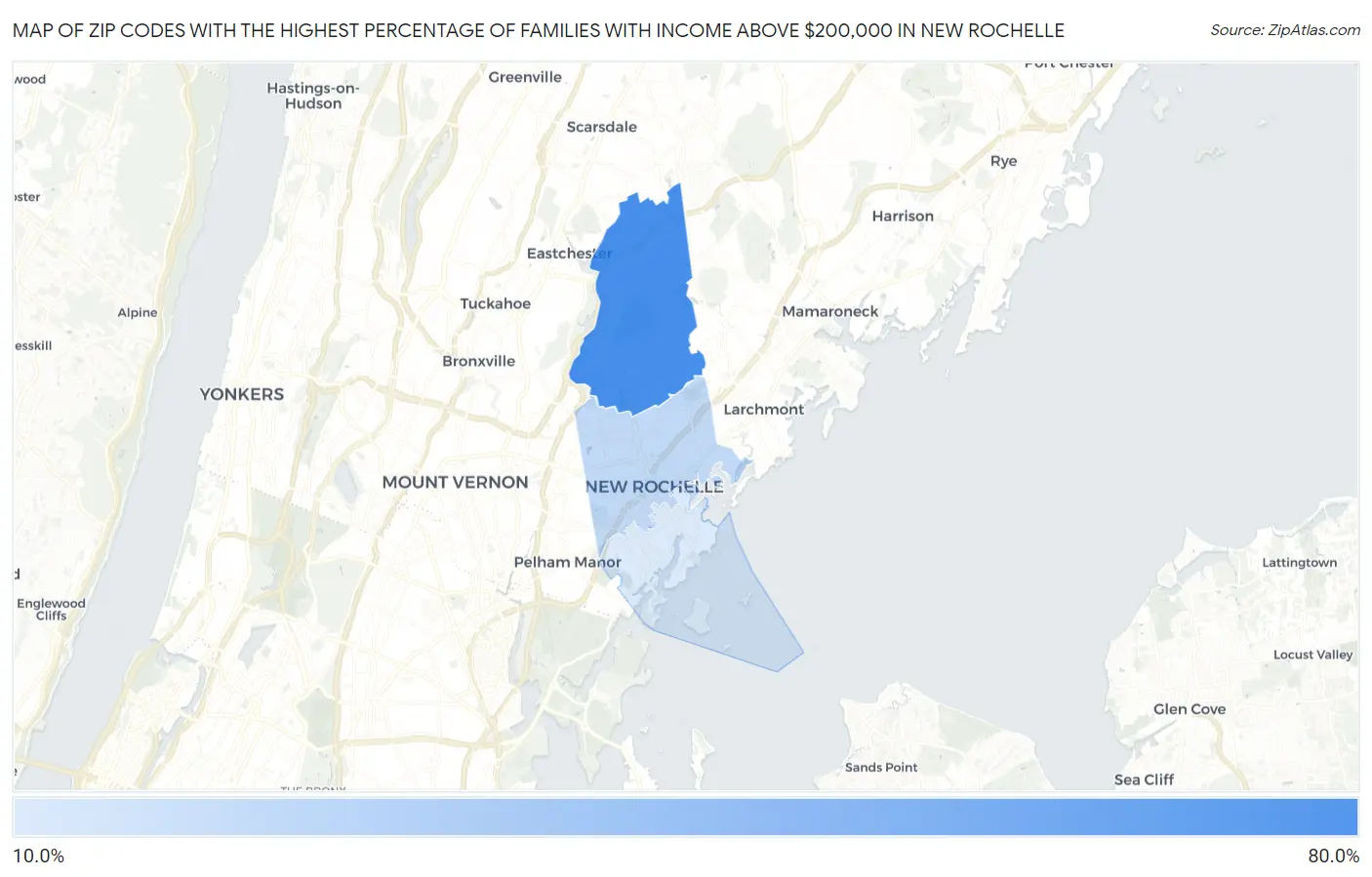 Zip Codes with the Highest Percentage of Families with Income Above $200,000 in New Rochelle Map