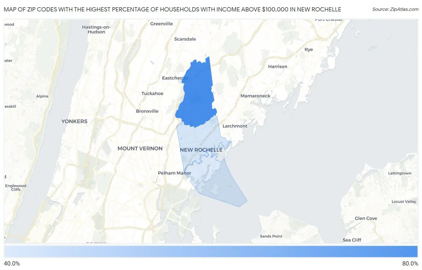Zip Codes with the Highest Percentage of Households with Income Above $100,000 in New Rochelle Map