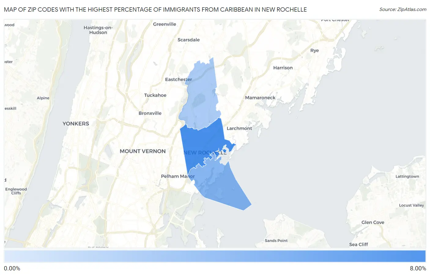 Zip Codes with the Highest Percentage of Immigrants from Caribbean in New Rochelle Map