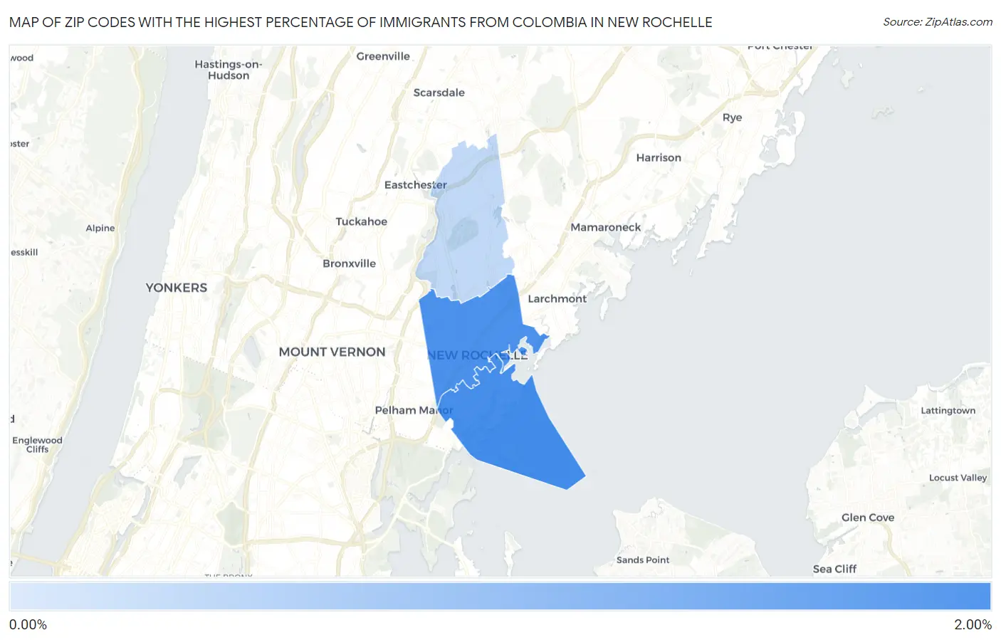 Zip Codes with the Highest Percentage of Immigrants from Colombia in New Rochelle Map