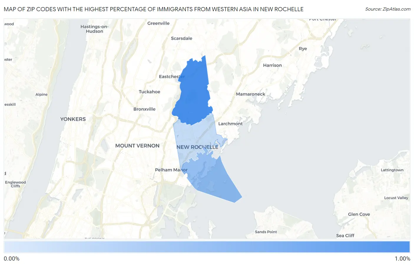 Zip Codes with the Highest Percentage of Immigrants from Western Asia in New Rochelle Map