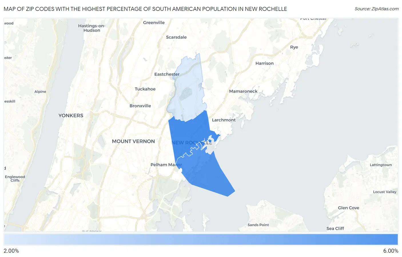 Zip Codes with the Highest Percentage of South American Population in New Rochelle Map