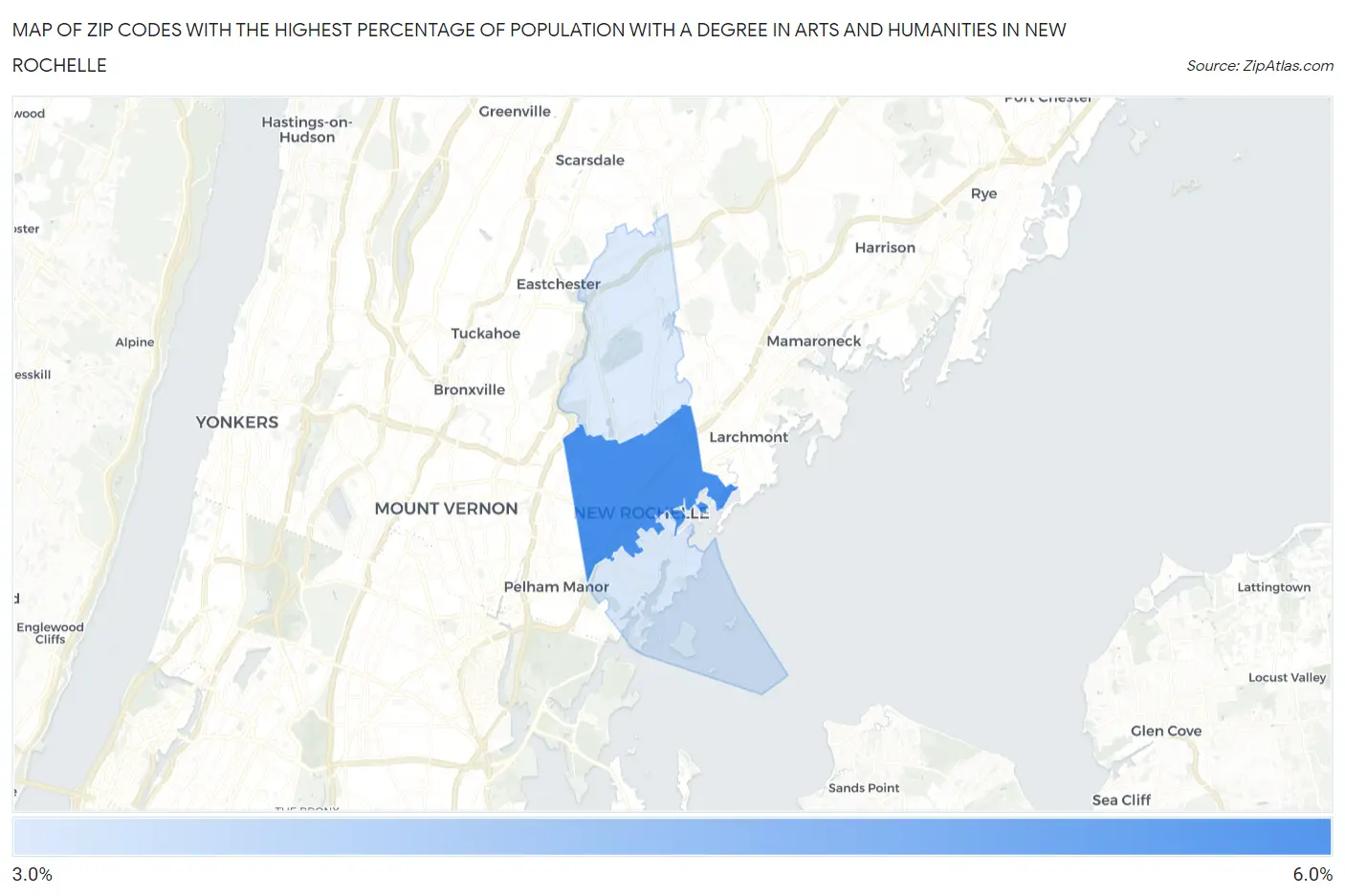 Zip Codes with the Highest Percentage of Population with a Degree in Arts and Humanities in New Rochelle Map