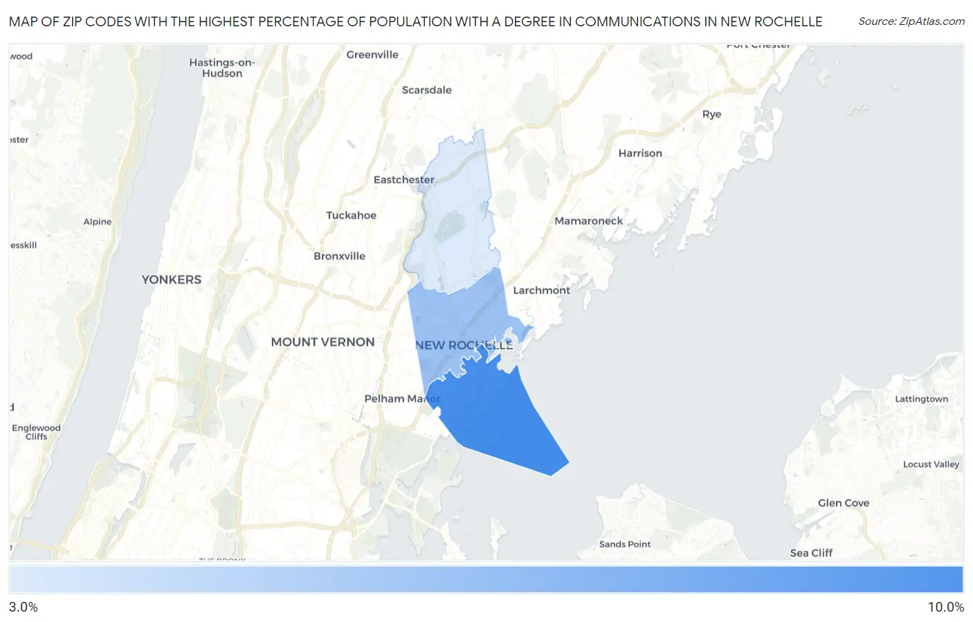 Zip Codes with the Highest Percentage of Population with a Degree in Communications in New Rochelle Map
