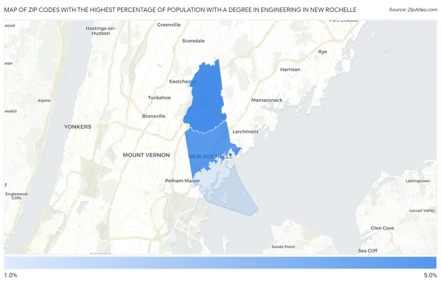 Zip Codes with the Highest Percentage of Population with a Degree in Engineering in New Rochelle Map