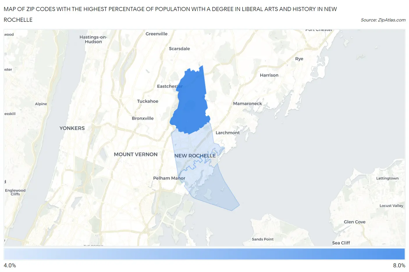 Zip Codes with the Highest Percentage of Population with a Degree in Liberal Arts and History in New Rochelle Map