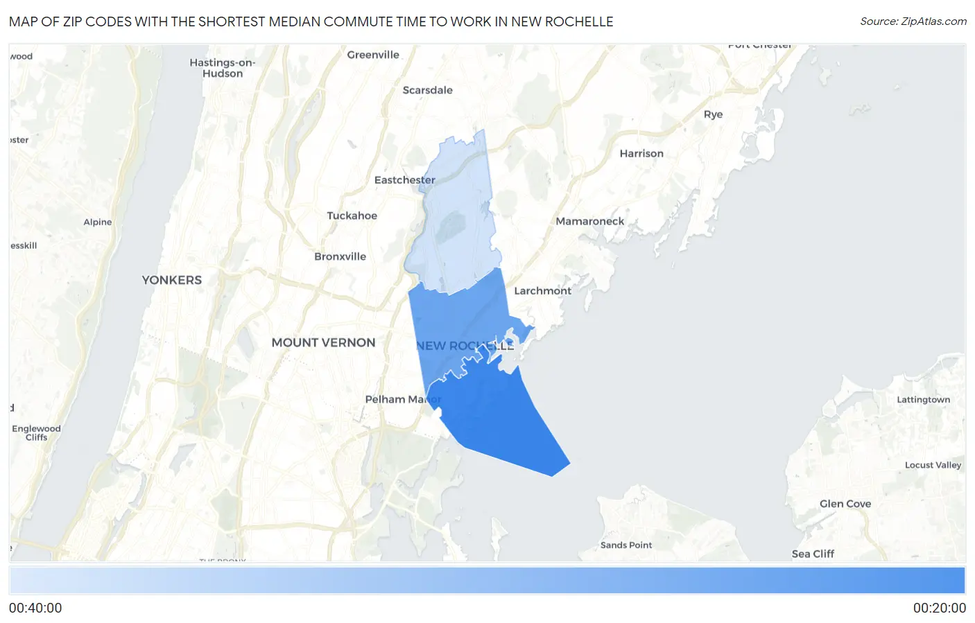 Zip Codes with the Shortest Median Commute Time to Work in New Rochelle Map