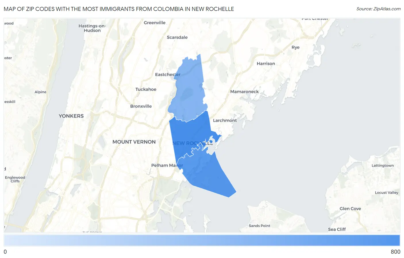 Zip Codes with the Most Immigrants from Colombia in New Rochelle Map
