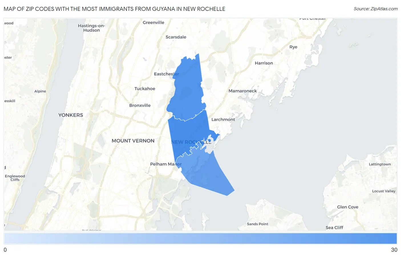Zip Codes with the Most Immigrants from Guyana in New Rochelle Map