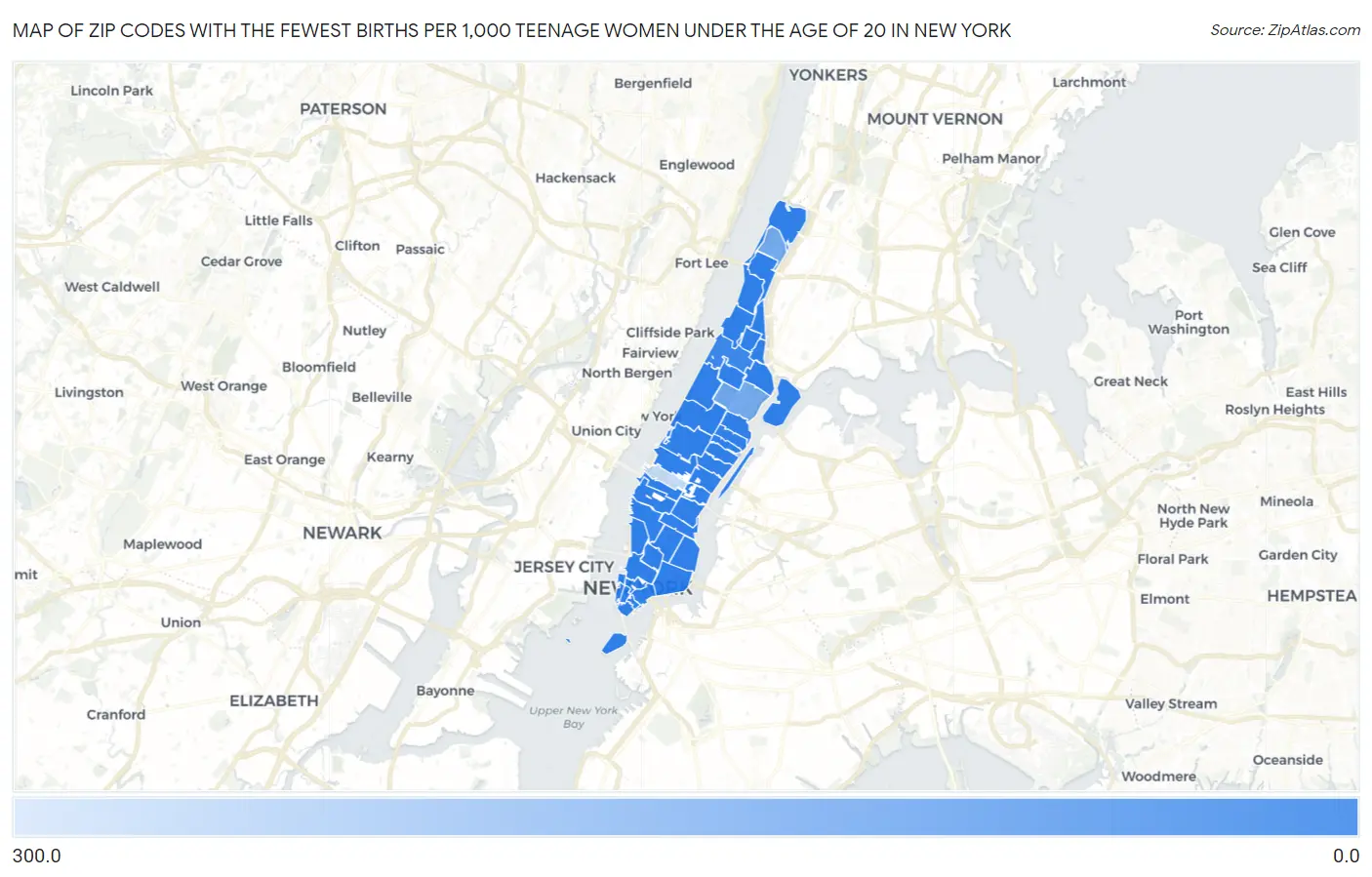 Zip Codes with the Fewest Births per 1,000 Teenage Women Under the Age of 20 in New York Map