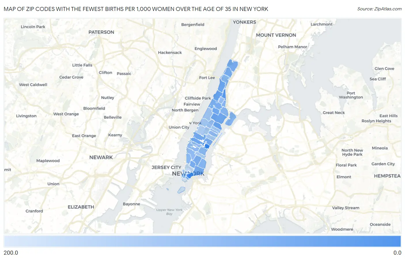 Zip Codes with the Fewest Births per 1,000 Women Over the Age of 35 in New York Map