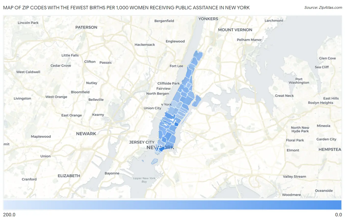Zip Codes with the Fewest Births per 1,000 Women Receiving Public Assitance in New York Map