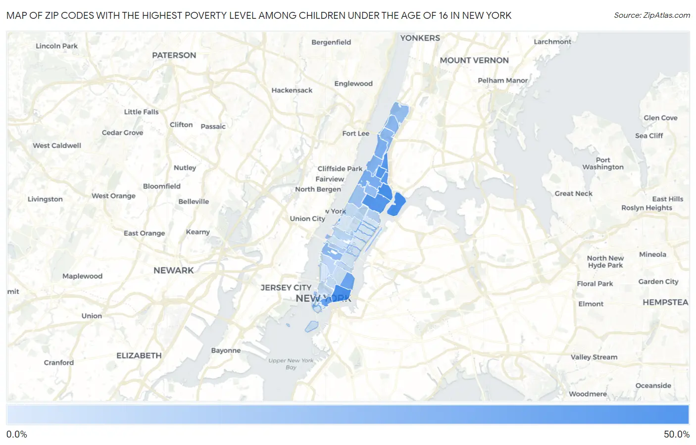 Zip Codes with the Highest Poverty Level Among Children Under the Age of 16 in New York Map