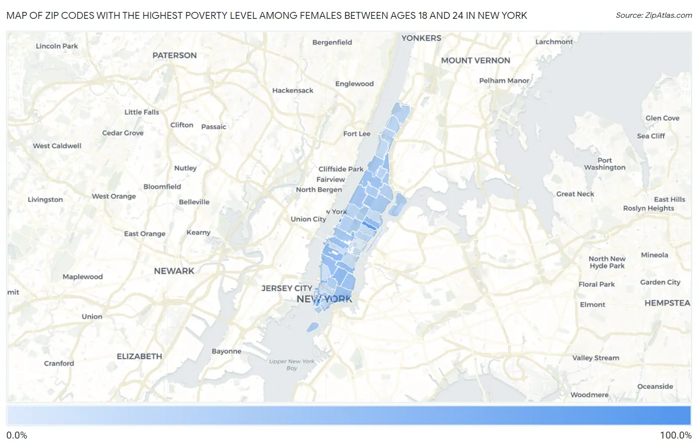 Zip Codes with the Highest Poverty Level Among Females Between Ages 18 and 24 in New York Map