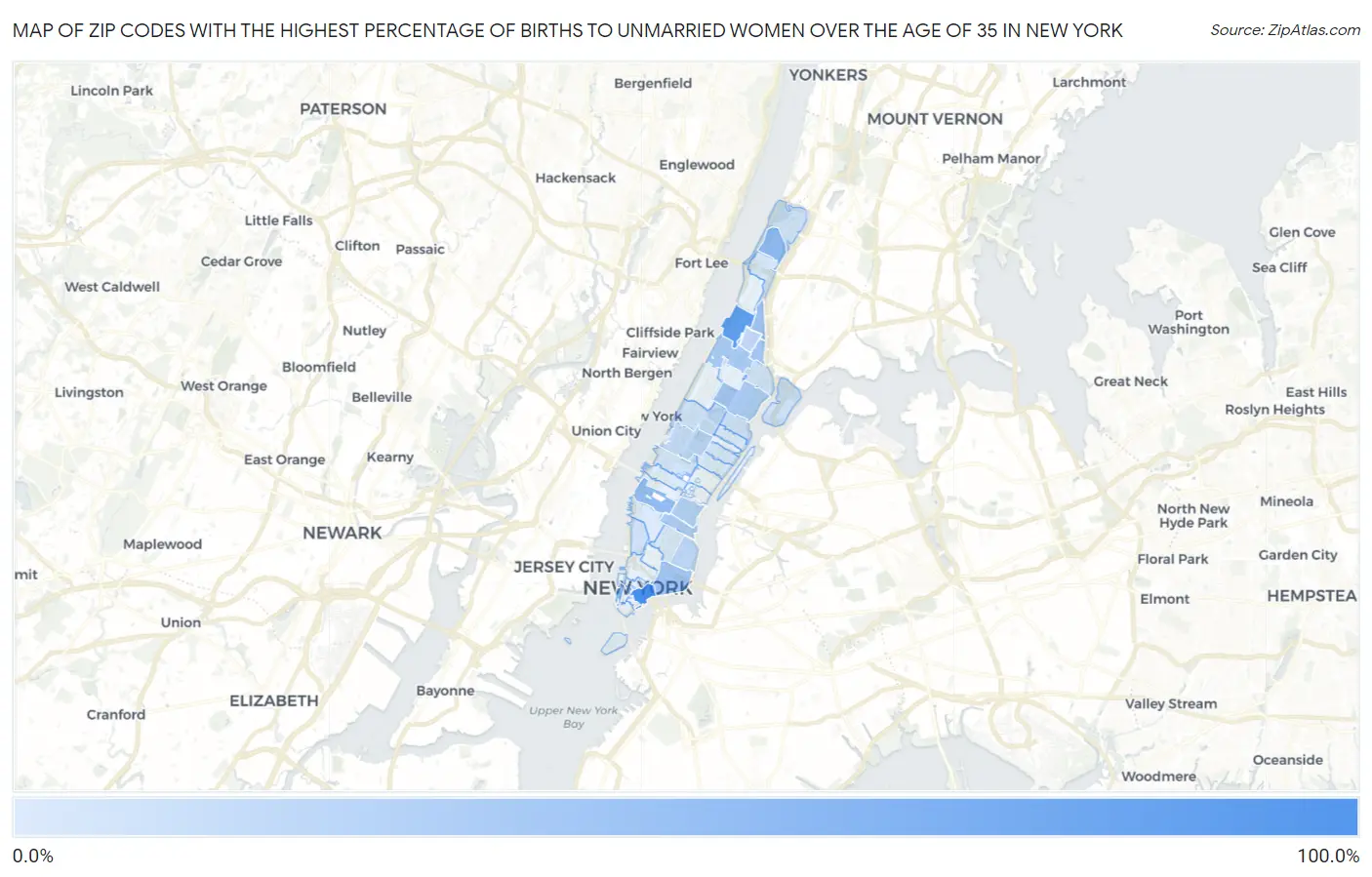 Zip Codes with the Highest Percentage of Births to Unmarried Women over the Age of 35 in New York Map