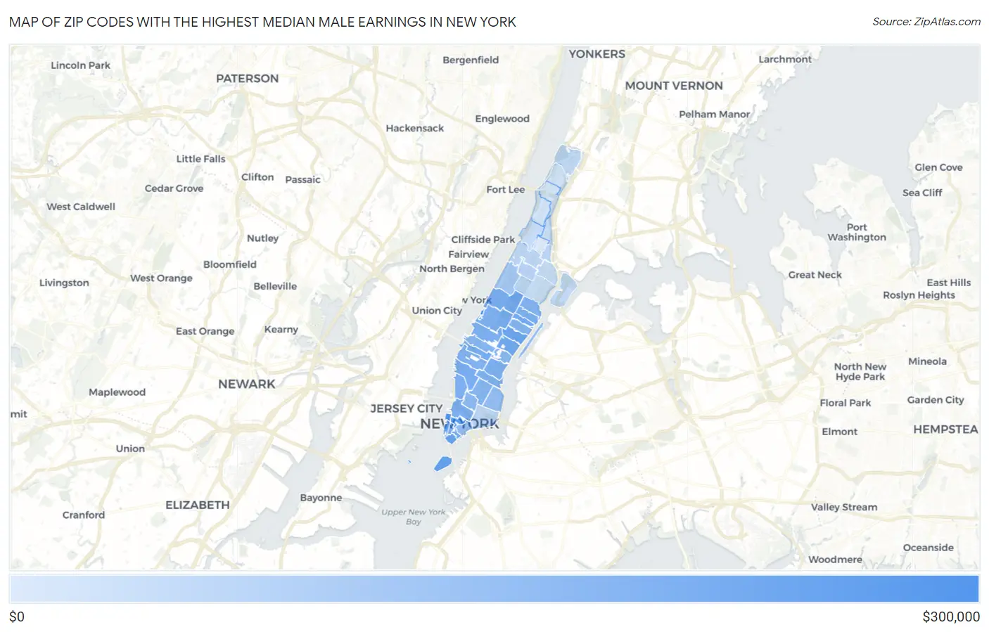 Zip Codes with the Highest Median Male Earnings in New York Map