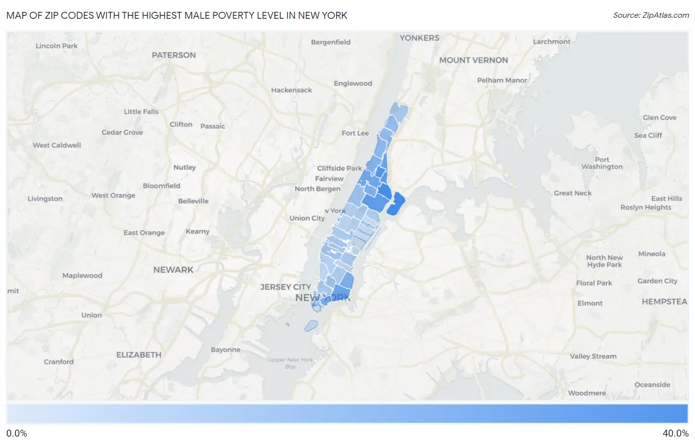 Zip Codes with the Highest Male Poverty Level in New York Map