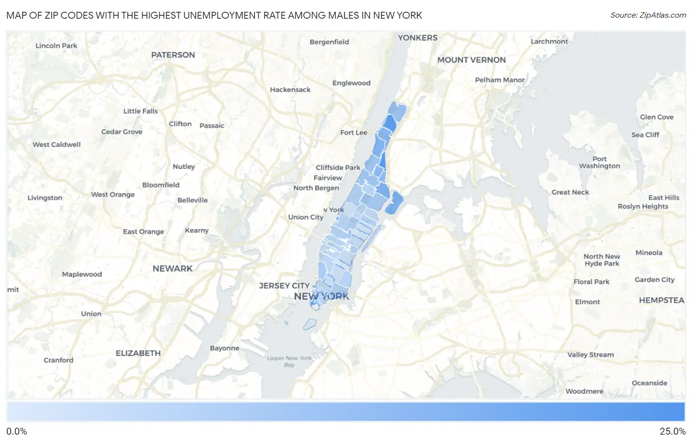 Zip Codes with the Highest Unemployment Rate Among Males in New York Map