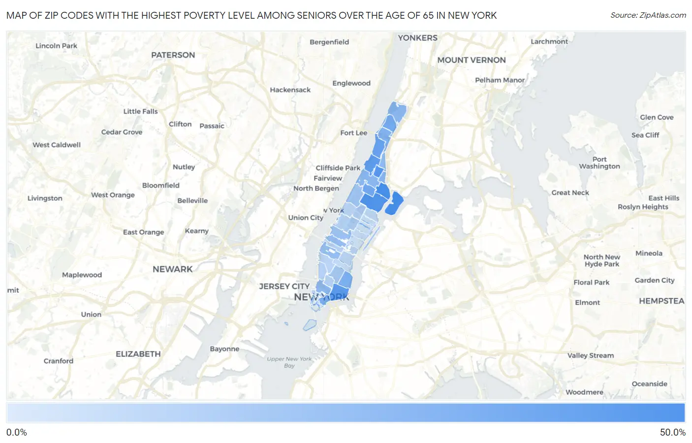 Zip Codes with the Highest Poverty Level Among Seniors Over the Age of 65 in New York Map