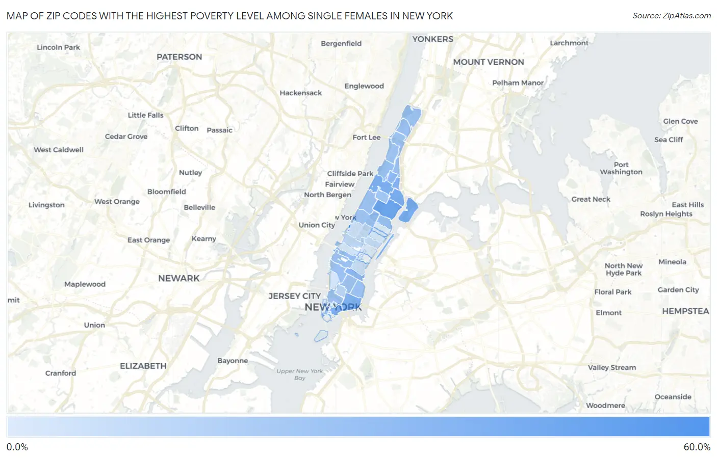 Zip Codes with the Highest Poverty Level Among Single Females in New York Map