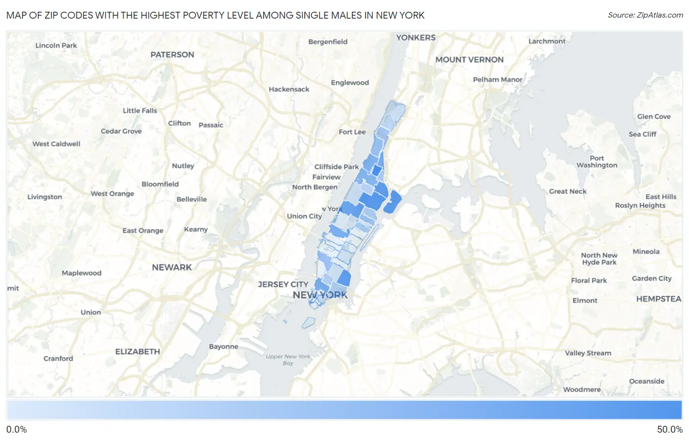 Zip Codes with the Highest Poverty Level Among Single Males in New York Map