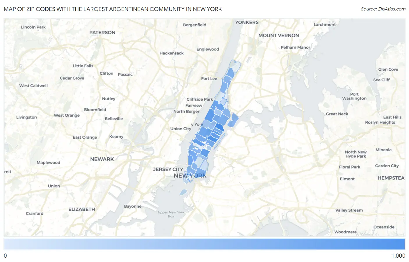 Zip Codes with the Largest Argentinean Community in New York Map