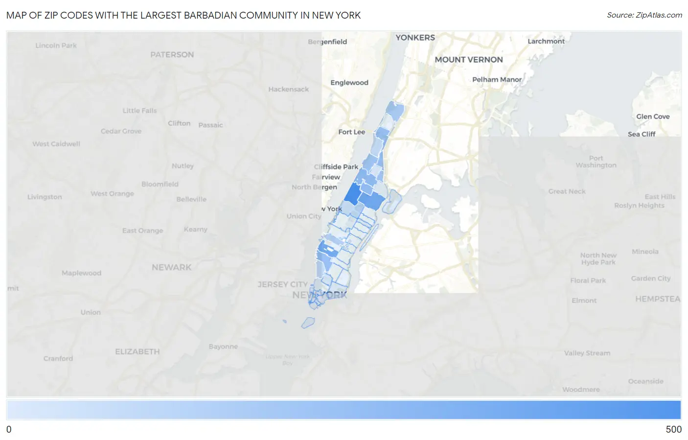 Zip Codes with the Largest Barbadian Community in New York Map