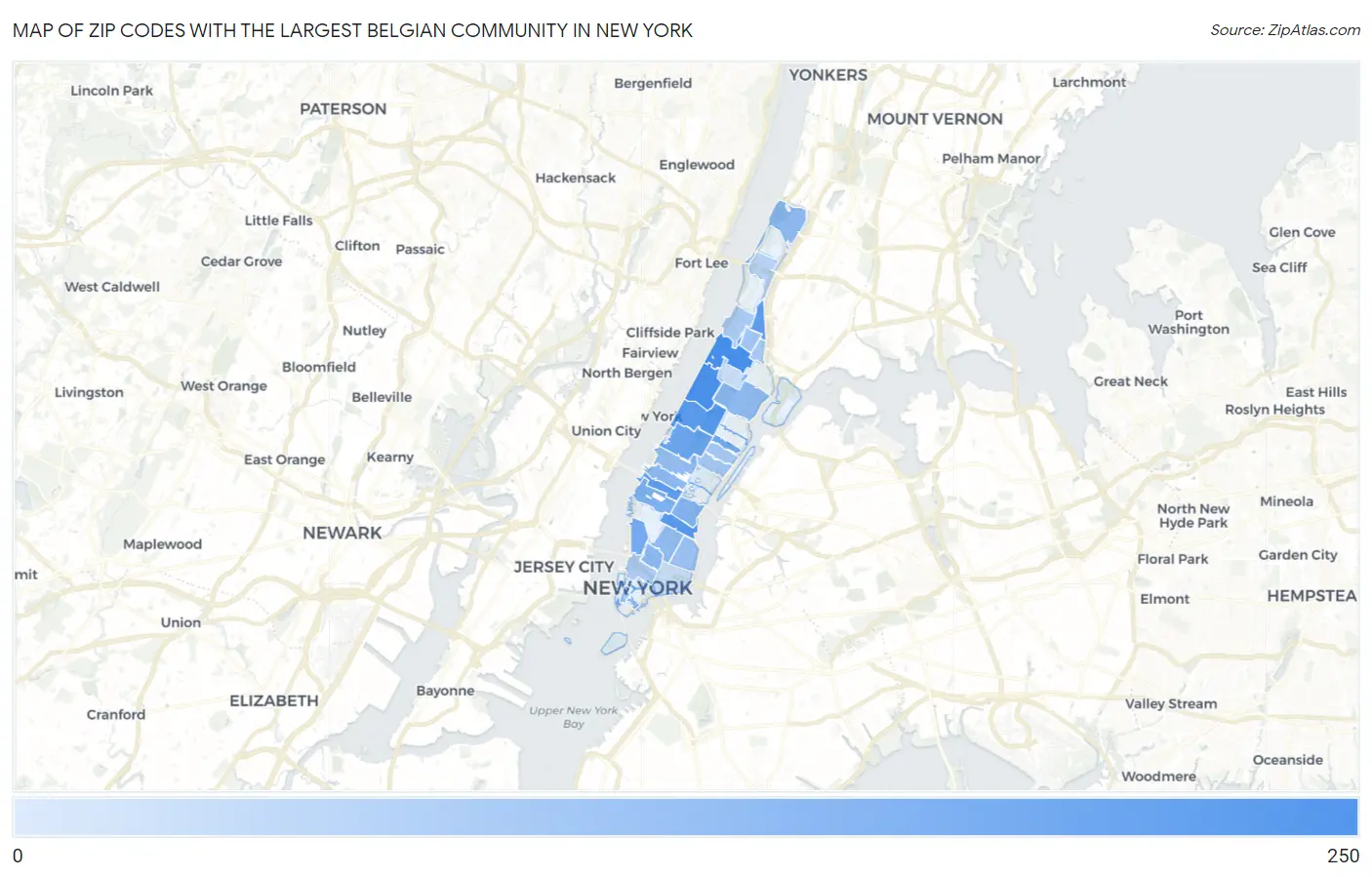 Zip Codes with the Largest Belgian Community in New York Map
