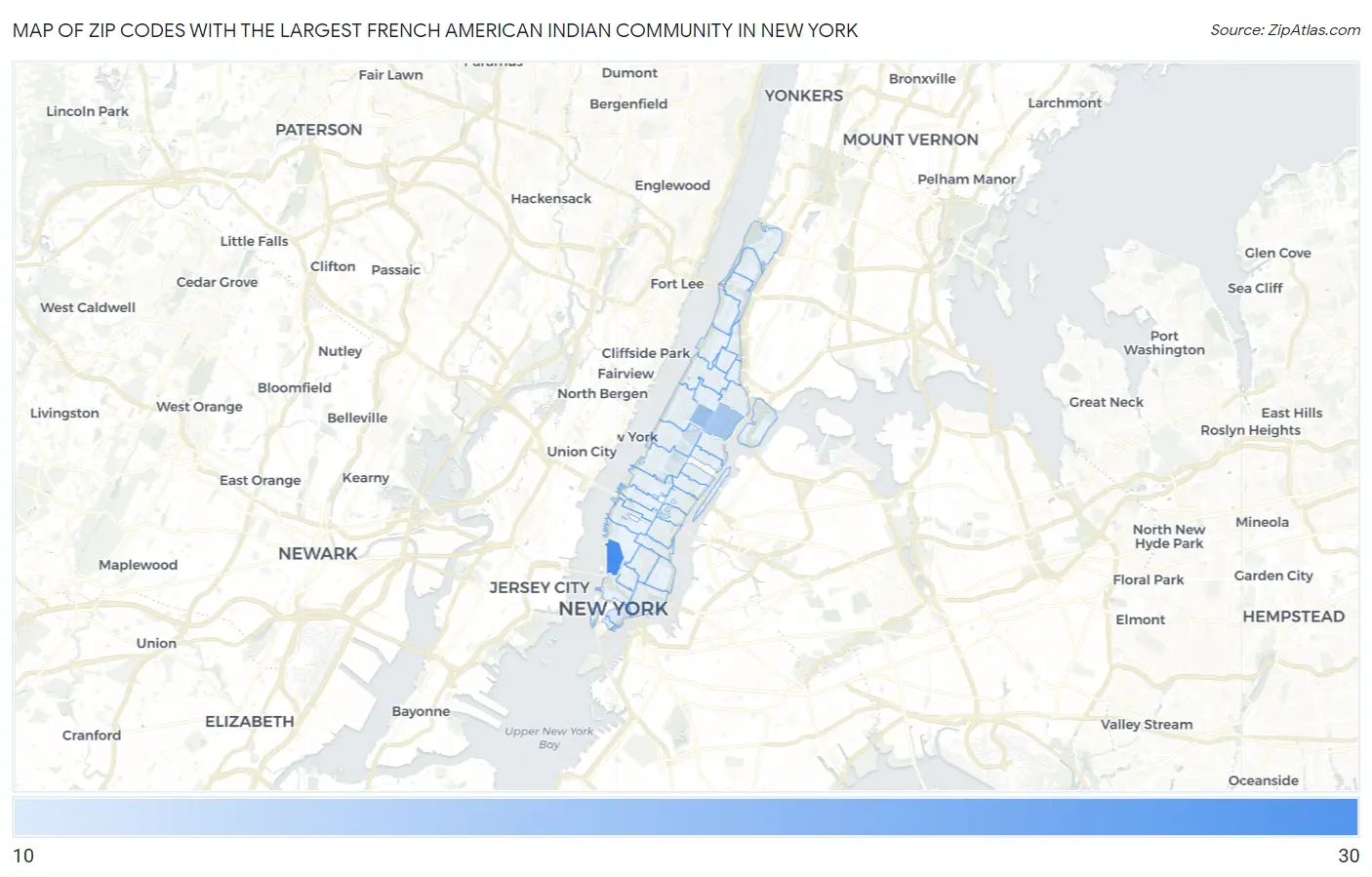 Zip Codes with the Largest French American Indian Community in New York Map