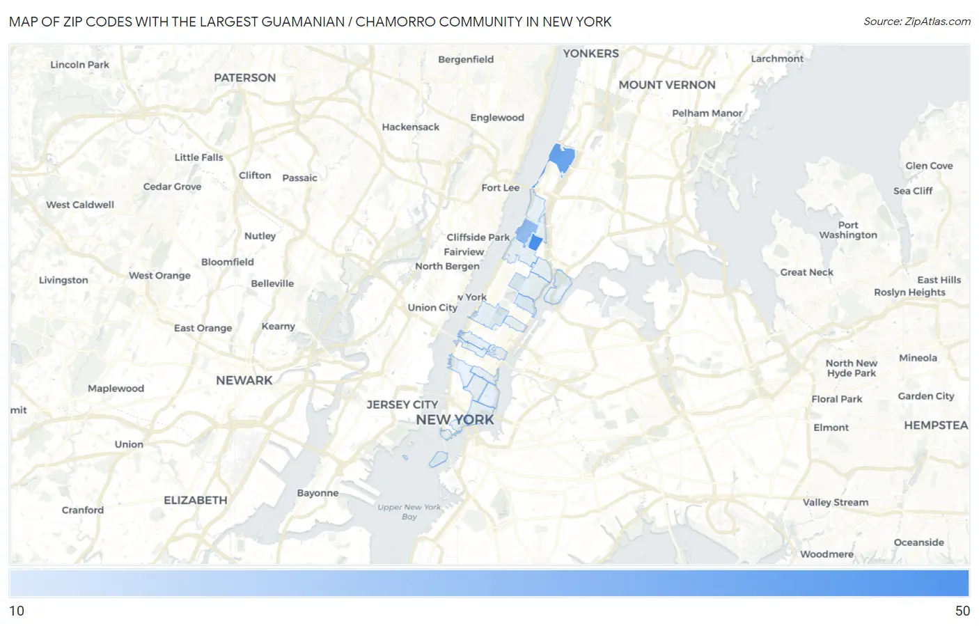 Zip Codes with the Largest Guamanian / Chamorro Community in New York Map