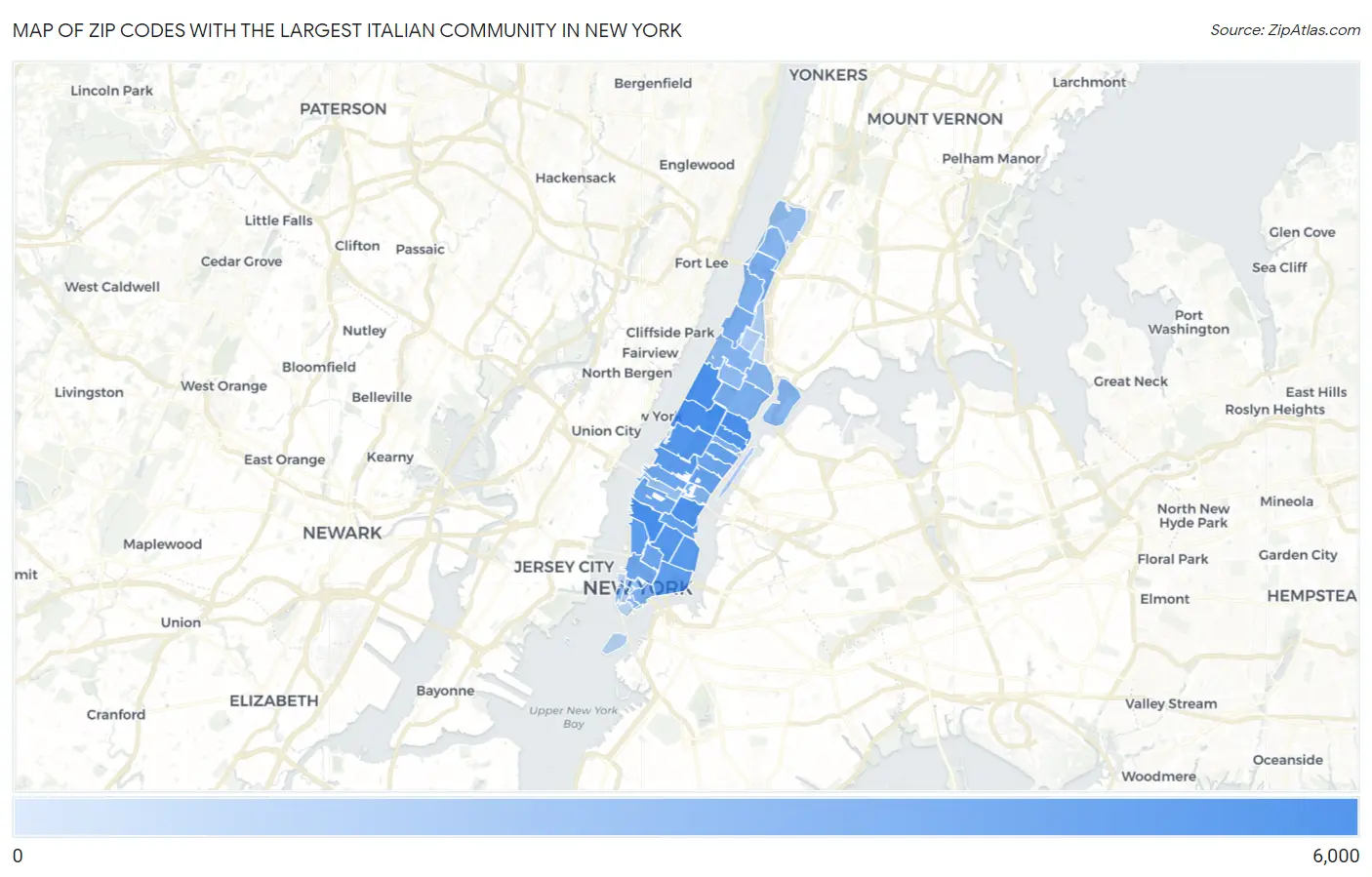 Zip Codes with the Largest Italian Community in New York Map