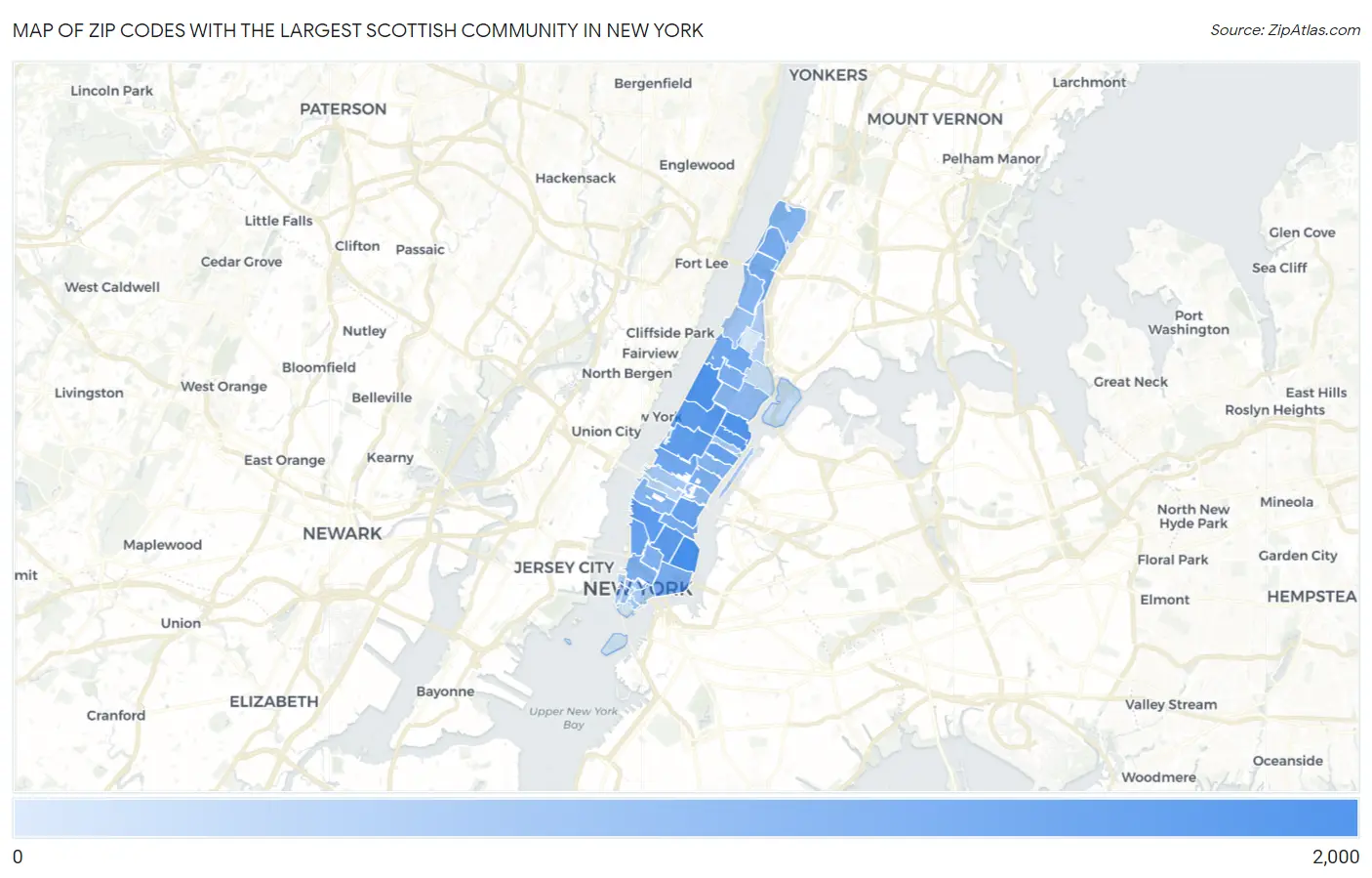 Zip Codes with the Largest Scottish Community in New York Map