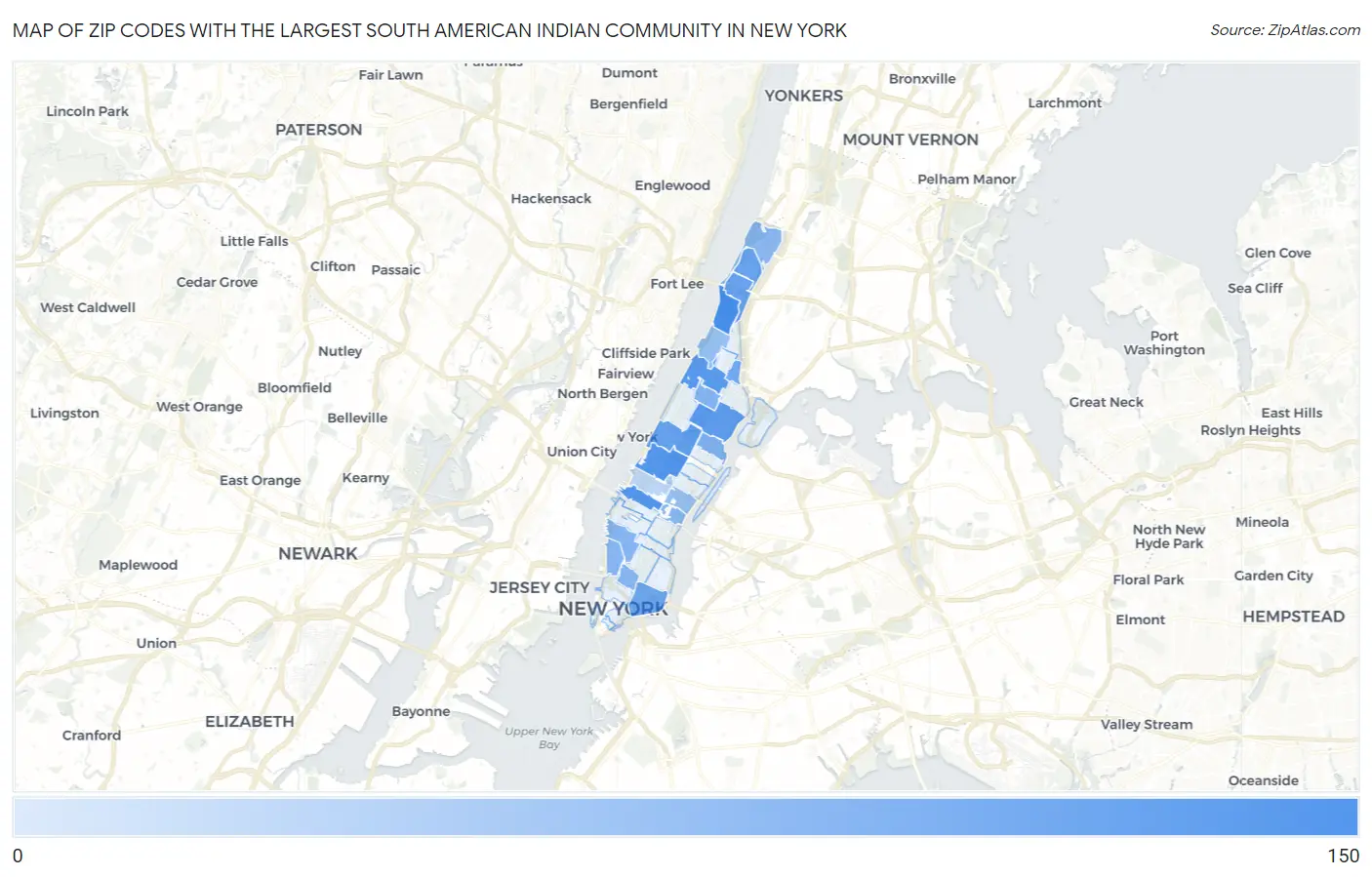 Zip Codes with the Largest South American Indian Community in New York Map