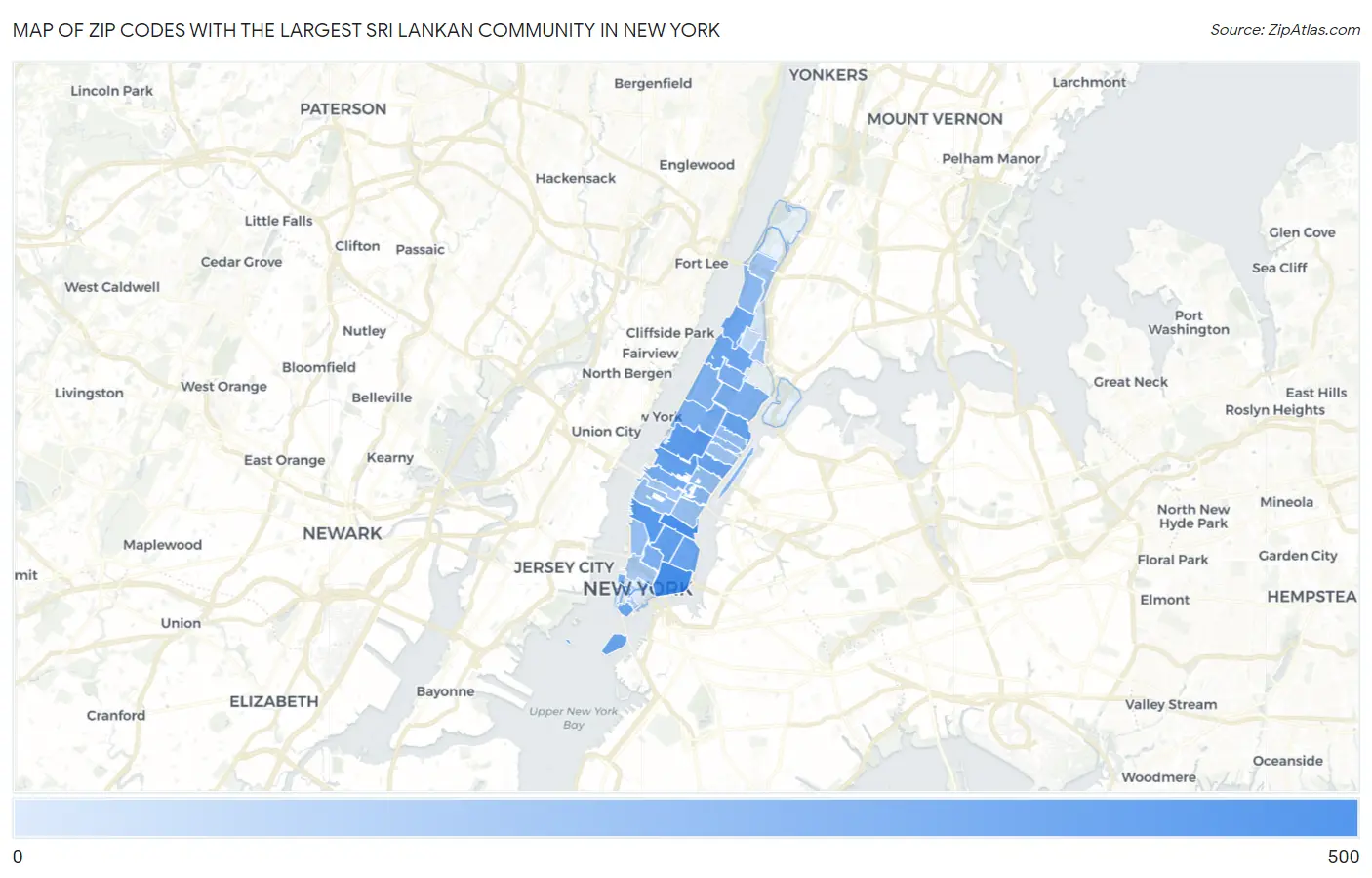 Zip Codes with the Largest Sri Lankan Community in New York Map