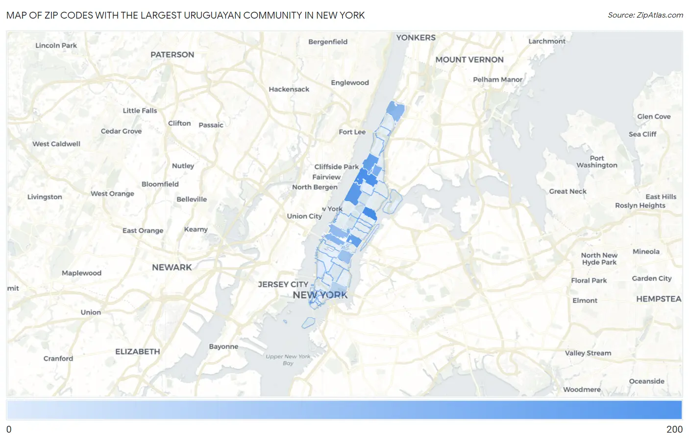 Zip Codes with the Largest Uruguayan Community in New York Map