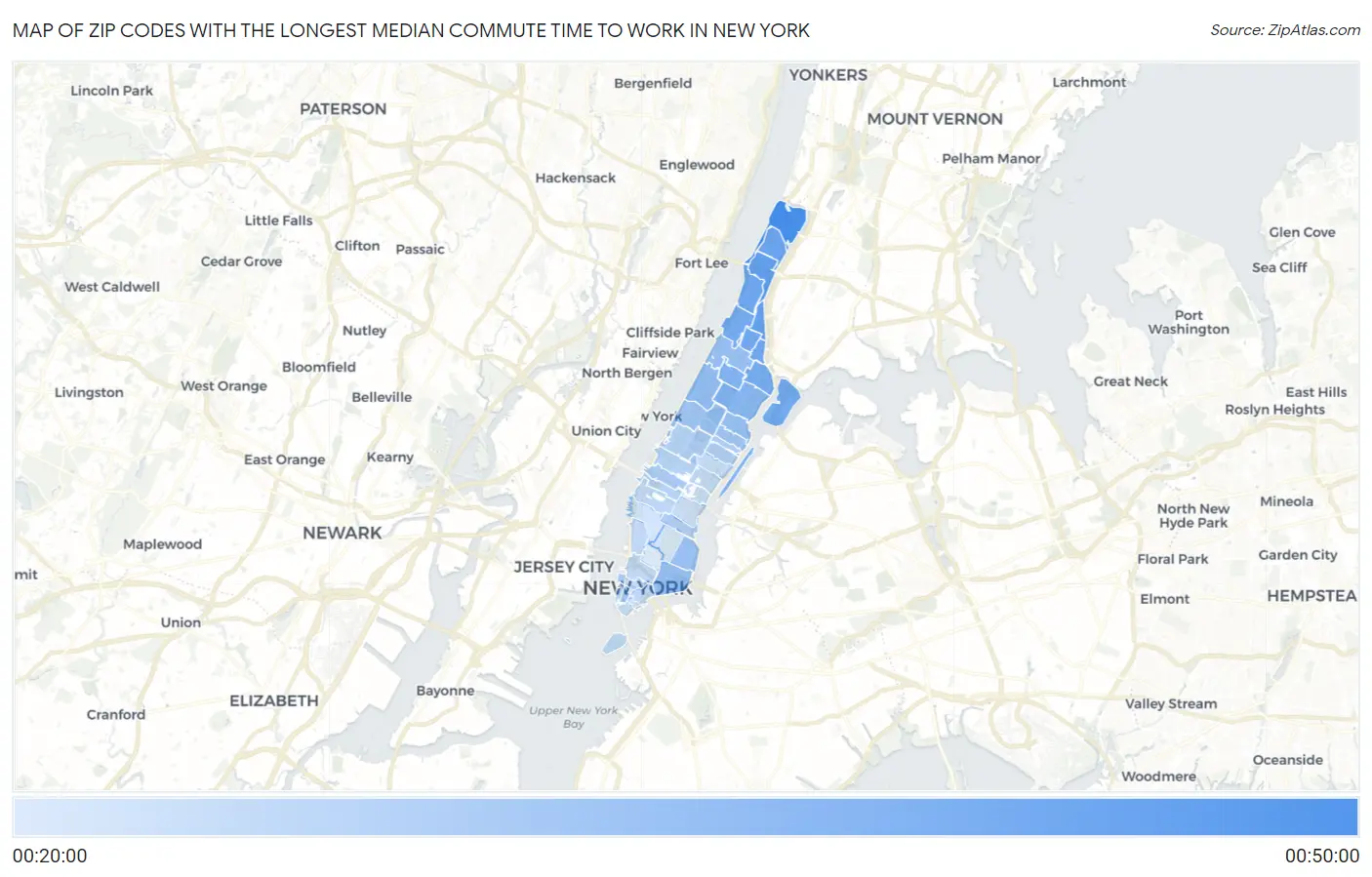 Zip Codes with the Longest Median Commute Time to Work in New York Map