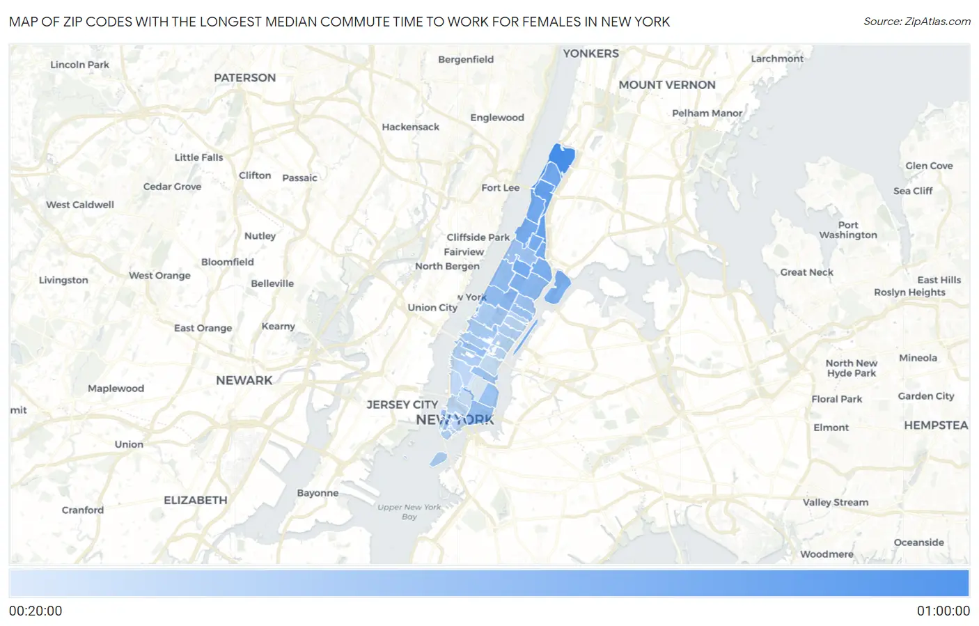 Zip Codes with the Longest Median Commute Time to Work for Females in New York Map