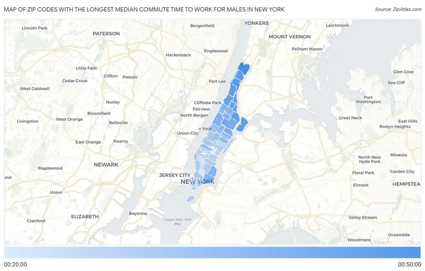 Zip Codes with the Longest Median Commute Time to Work for Males in New York Map