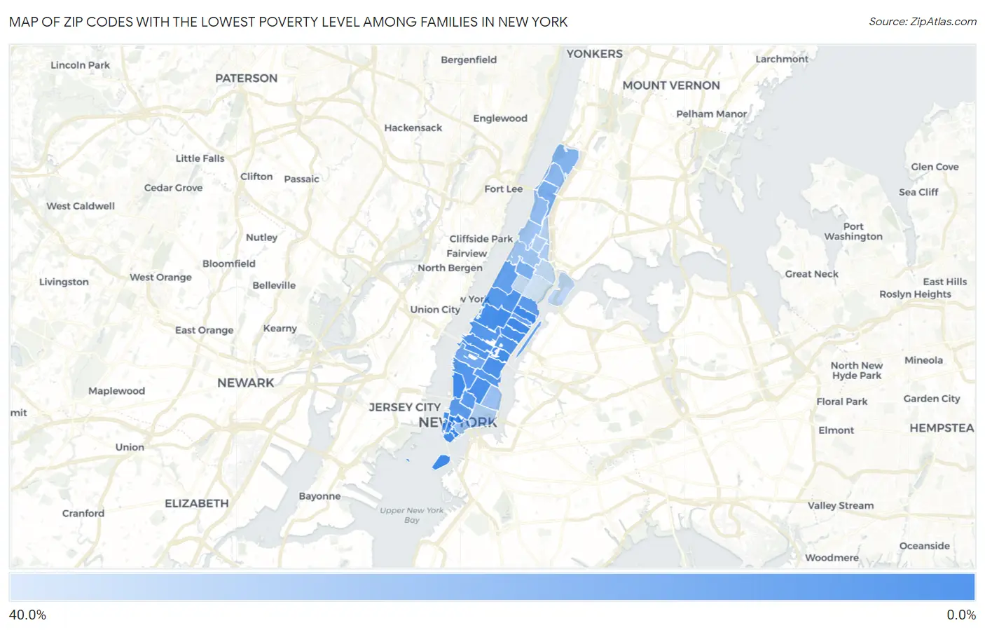 Zip Codes with the Lowest Poverty Level Among Families in New York Map