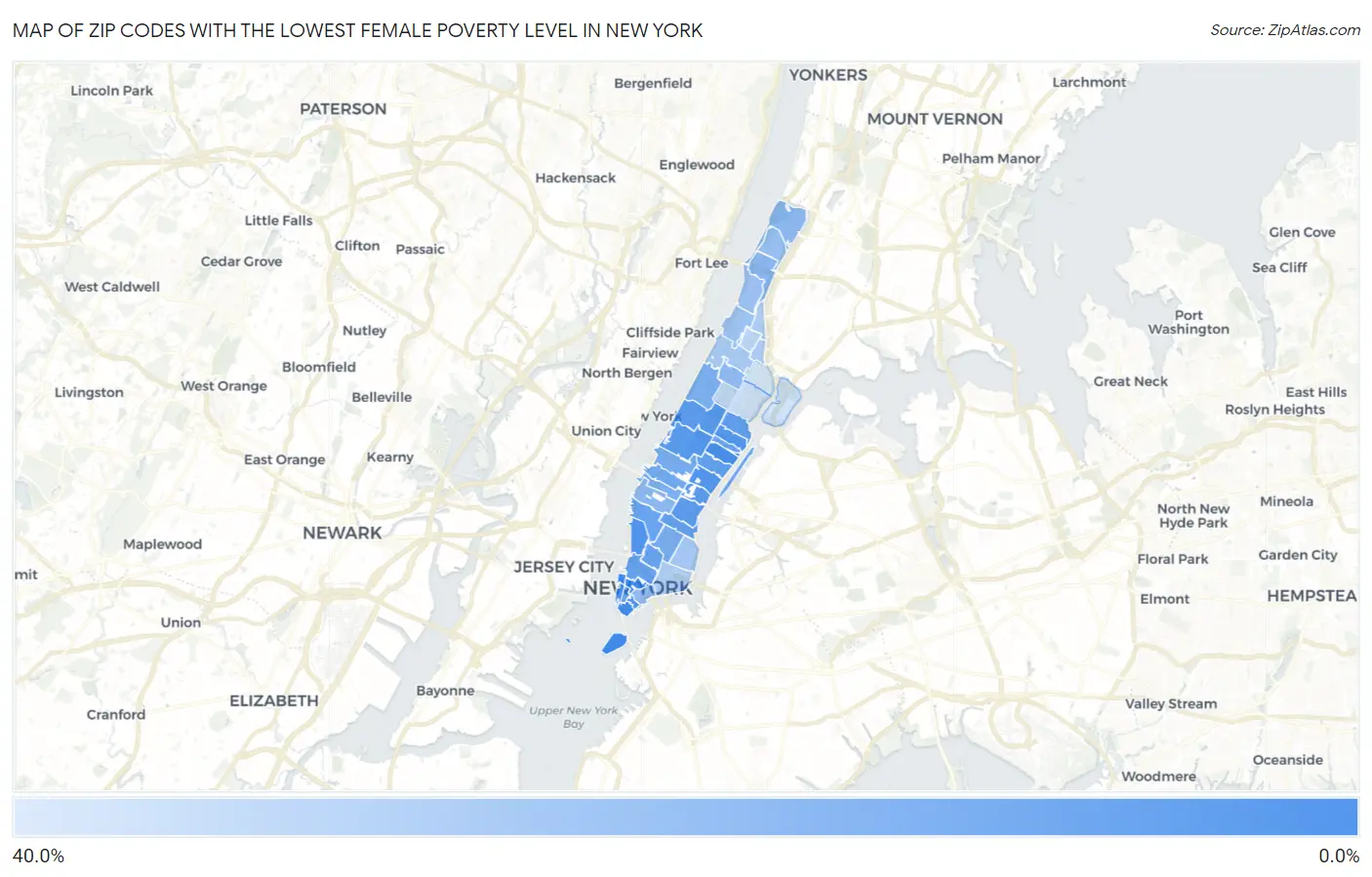 Zip Codes with the Lowest Female Poverty Level in New York Map