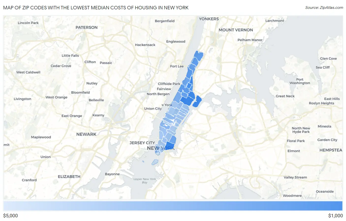 Zip Codes with the Lowest Median Costs of Housing in New York Map