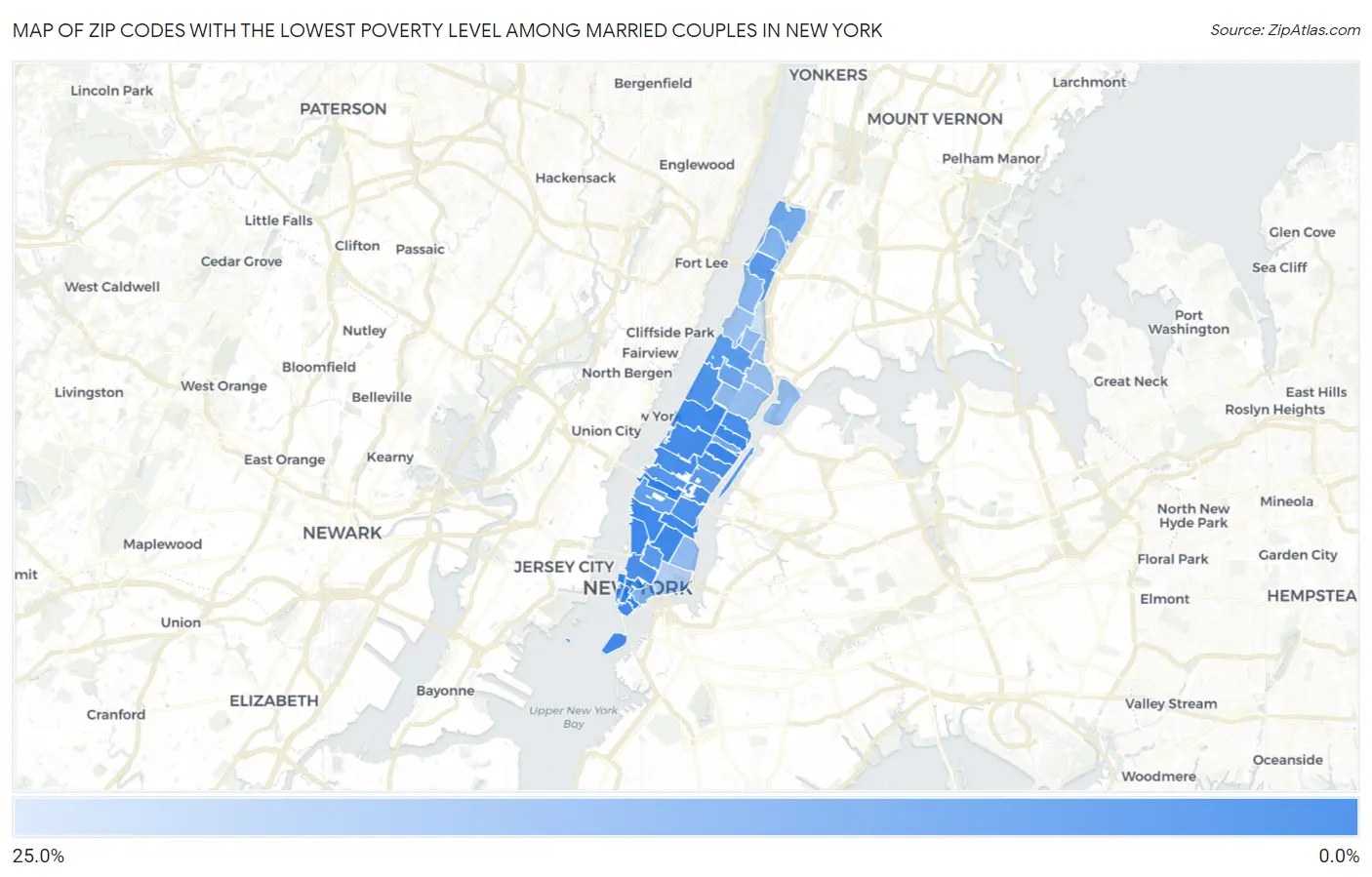 Zip Codes with the Lowest Poverty Level Among Married Couples in New York Map
